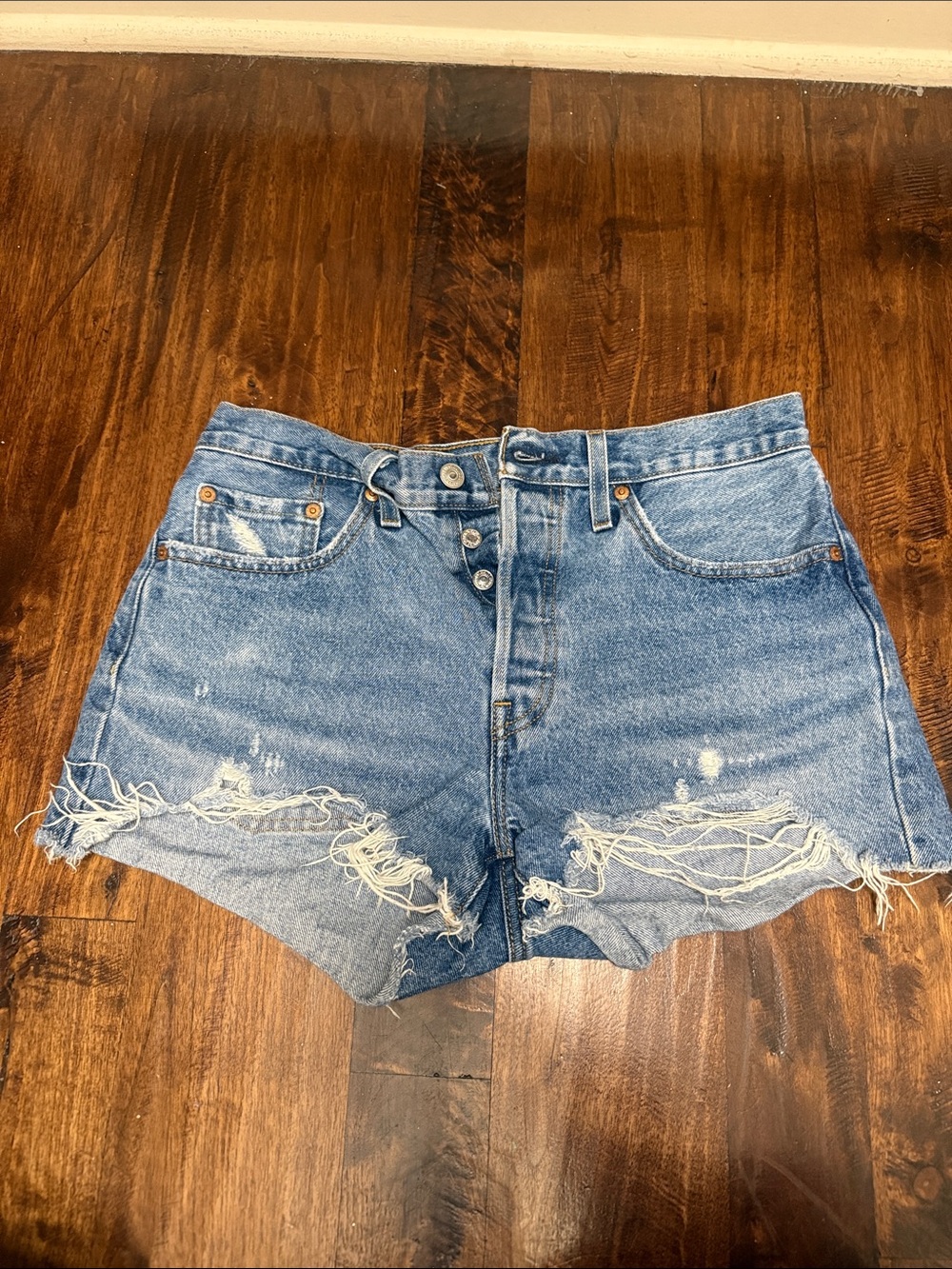 Classic High-Rise Levi Distressed Denim Shorts - Blue